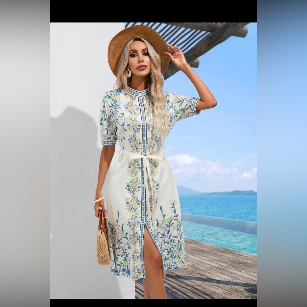 Floral printed belted shirt dress